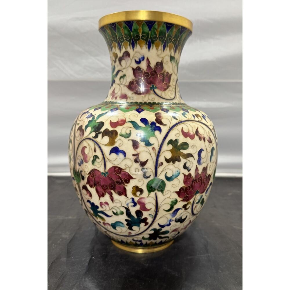 Robert Kuo Signed Chinese Cloisonne Vase 12" Floral Vines Cream Enamel Vintage